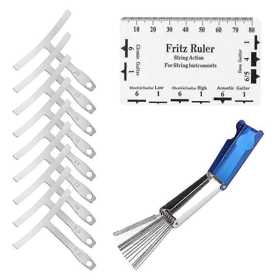 9 Stück Understring-Radius-Messgerät + Saiten-Action-Lineal-Gauge-Tool + Gitarrenbrücken-Sattelmutter-Feilen-Set