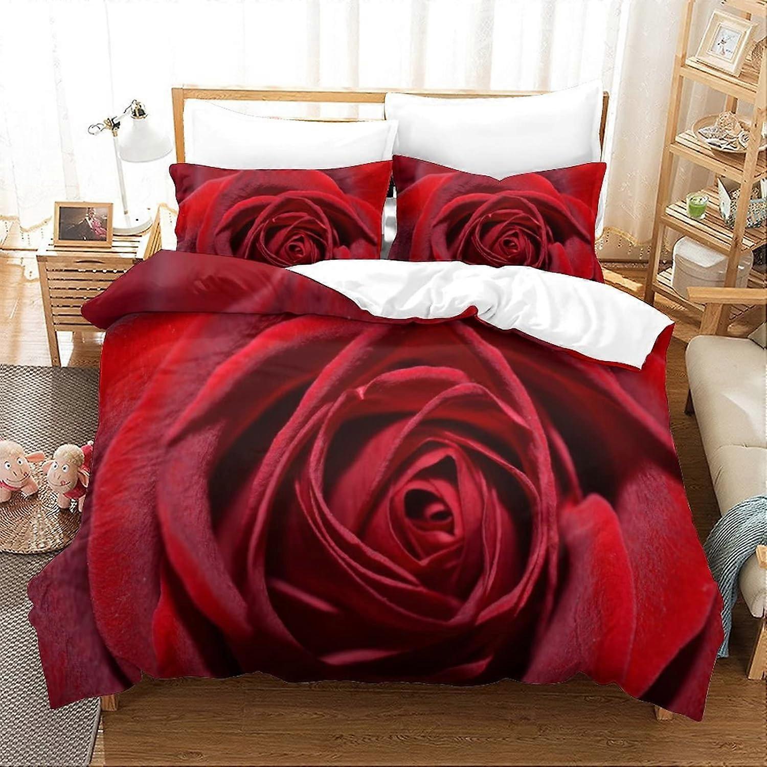 طقم مفروشات من الألياف الدقيقة مع غطاء لحاف وردة حمراء وغطاء لحاف وغطاء وسادة ، مع مجموعة قطع إغلاق بسحاب للرجال 135 * 200 سم