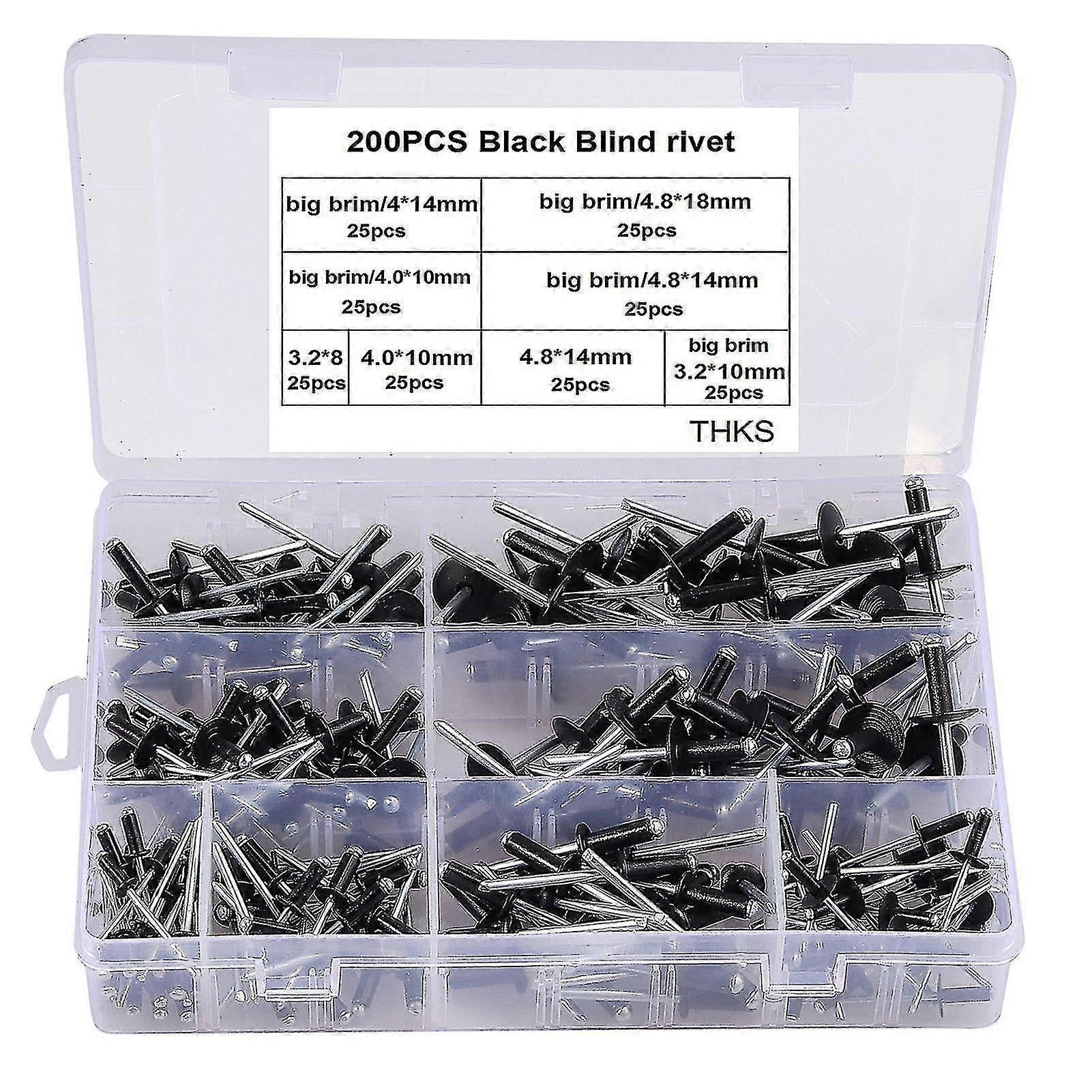 200pcs Rivets Multiple Corrosion-resistant Big Brim Black Blind Rivet Set For Automobiles