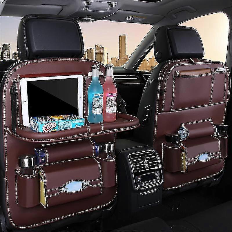 Car Back Seat Organizer Storage Bag With Foldable Table Tray Tablet Holder Tissue Box - Brown