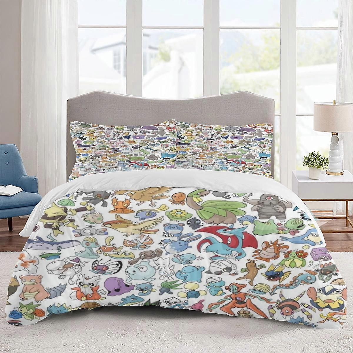 v964 סדינים מצעים פוקי מון ערכות מצעים כיסוי שמיכה מצויר קל משקל 3 חלקים ערכות הימור לילדים בנים בנות (כיסוי שמיכה אחד ו -2 ציפיות)