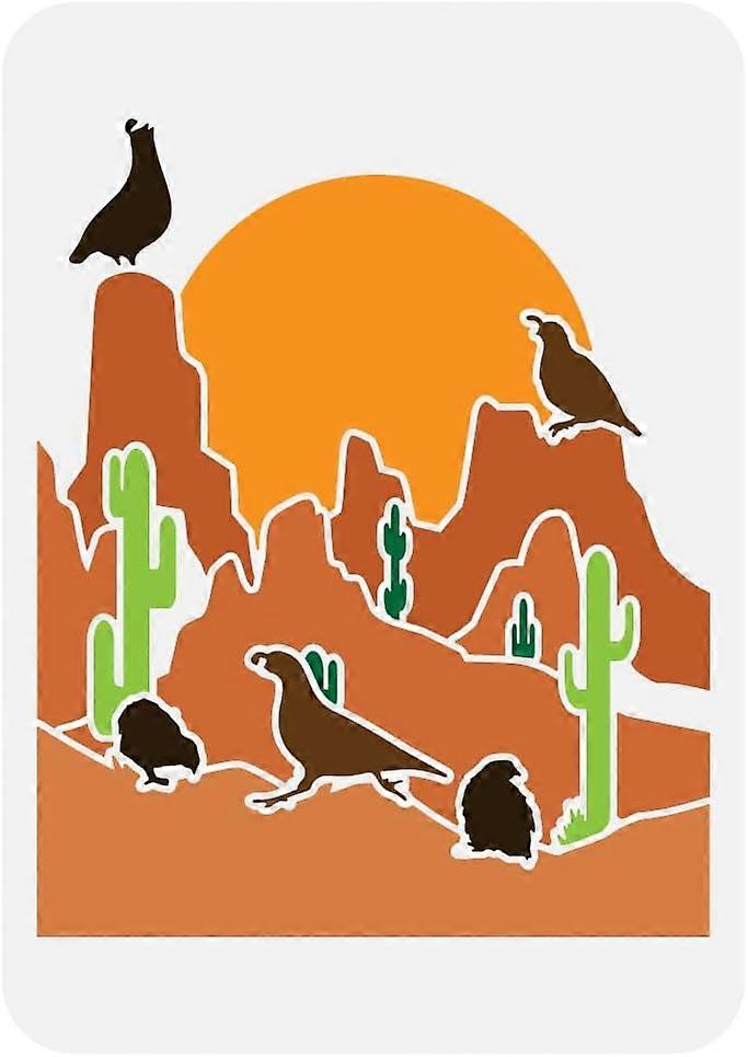 Desert Quail Big Stencil 8.3x11.7" Mountain Cactus Bird Painting Large Template Western Desert Theme Spraying Stencil Desert with Sunrise Decorative T
