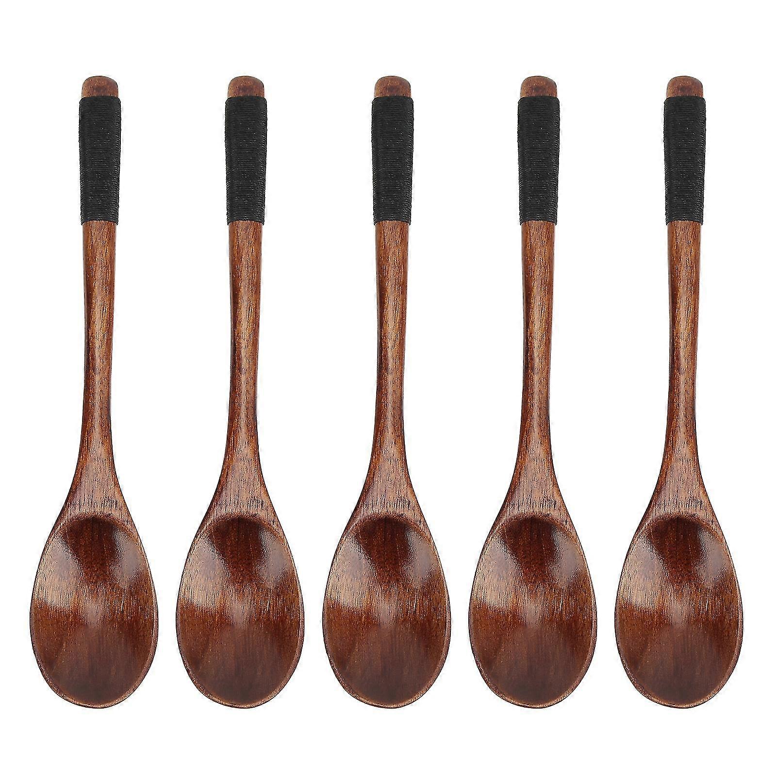 Set of 5 Small Wooden Spoons with Long Handle - Beech Wood Semicircle Shape - Ideal for Dining Room