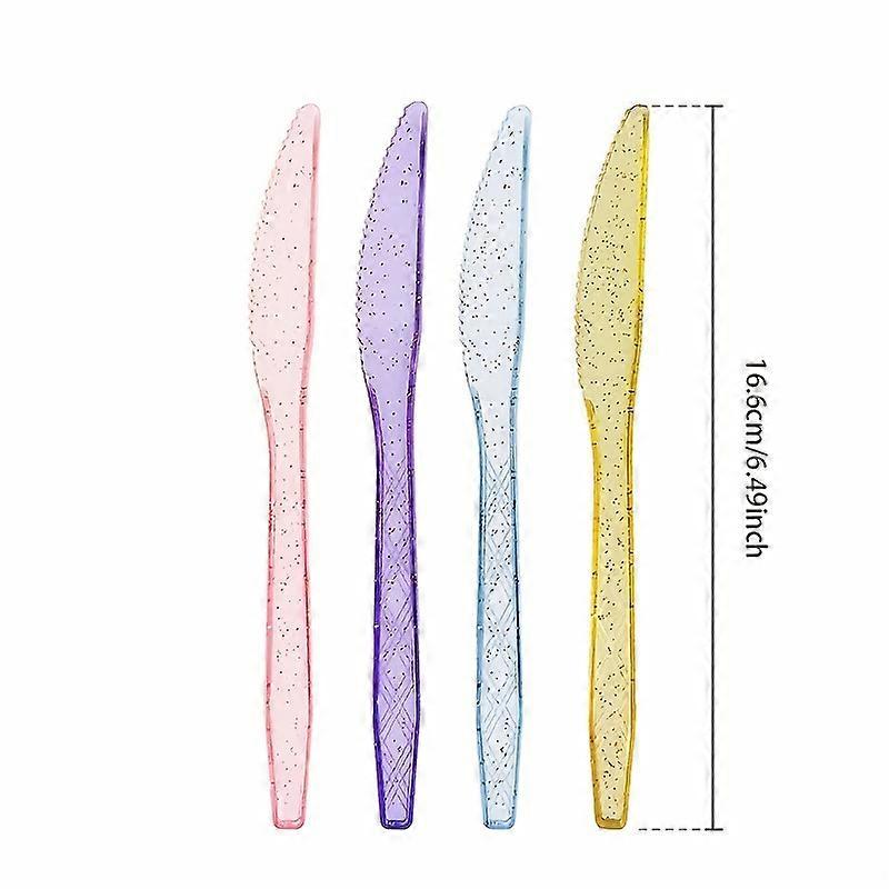 16pcs, 16 Clear Golden Powder Plastic Knife, Fork And Spoon, Clear Glitter Cutlery, Colorful Design, Plastic Fork And Spoon, 16 Forks, 16 Knives, 16 S