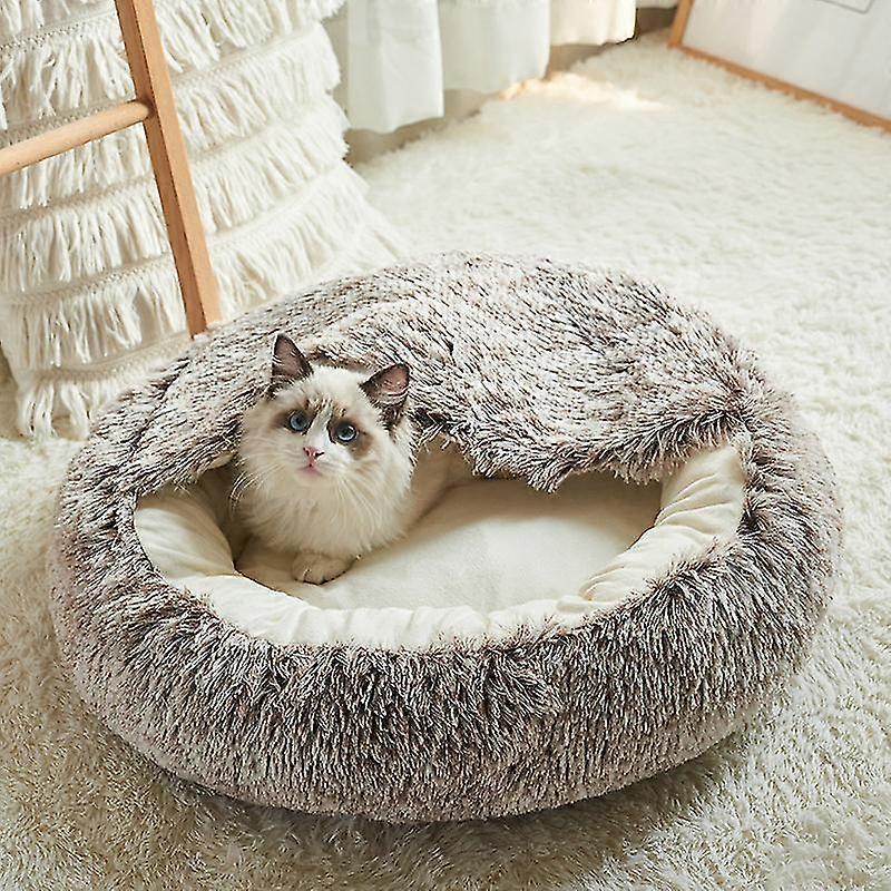 Pet Cat Small Dog Round Plush Warm Bed Semi-enclosed Nest For Puppy Kitten Deep Sleep Bed Soft Fluffy Calming Kennel-brown/15.75in