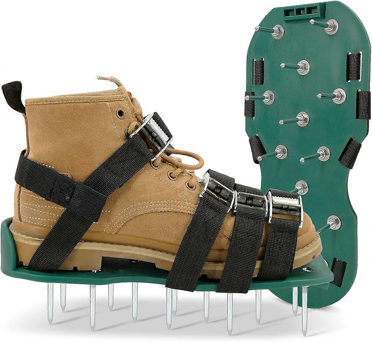 Universal size manual lawn aerator with 2 adjustable straps with secure buckles, aerating shoes for effectively aerating lawn soil