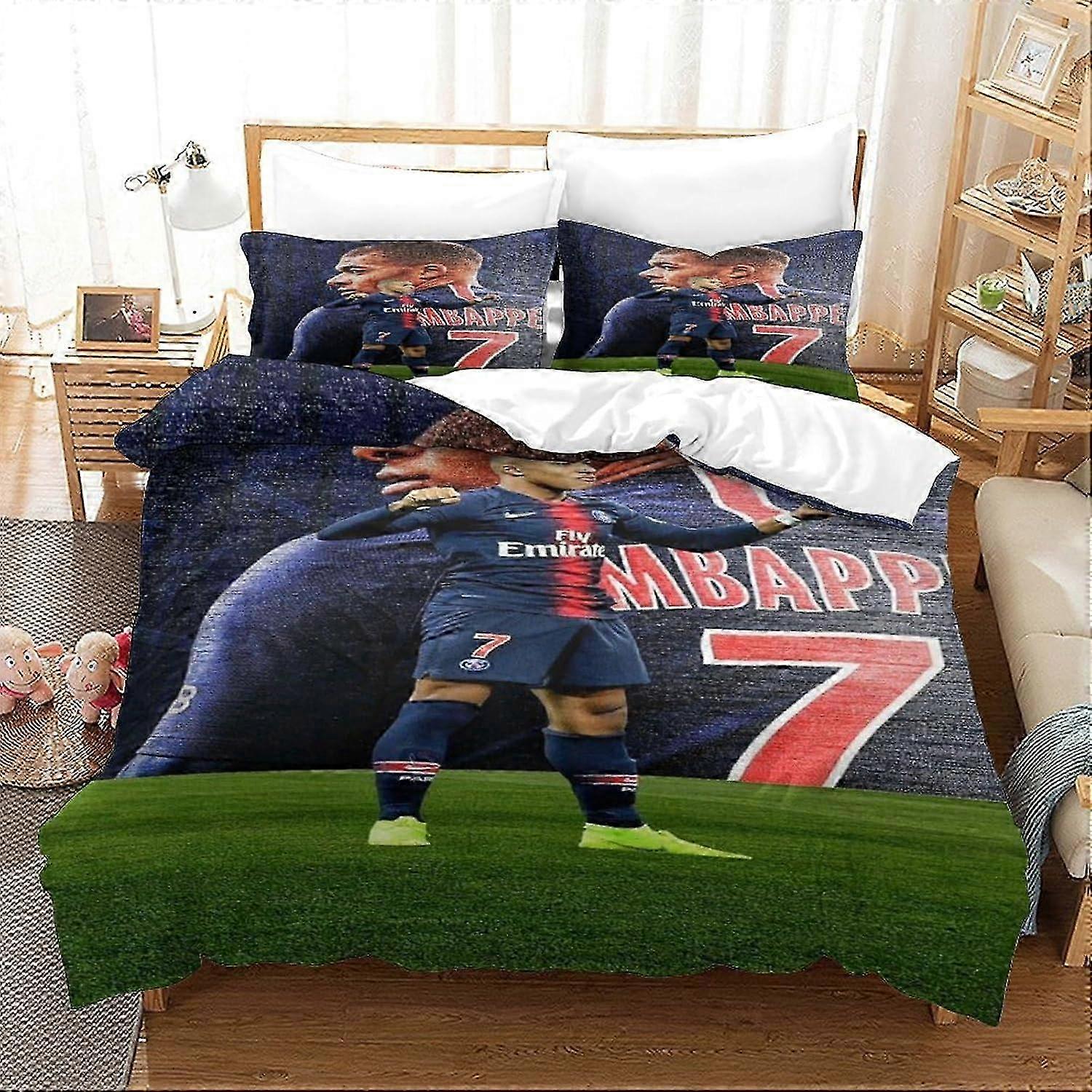 J1587 Lençóis Mbappé 3D Capa de Edredom Conjunto para Crianças Meninos Capa de Edredom Conjunto de 3 Peças Conjunto de Cama para Jovens Adolescentes Capa de Colcha com Fecho de Zíper Macio Micr