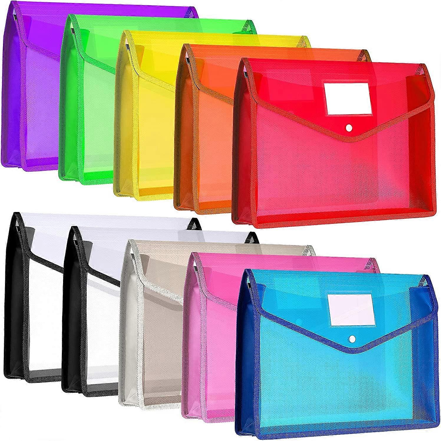 10 Pieces Plastic File Folders Envelope Expanding File Wallet Organizer Documents Folder with Snap Closure and Pocket, A4 Size Waterproof Transparent