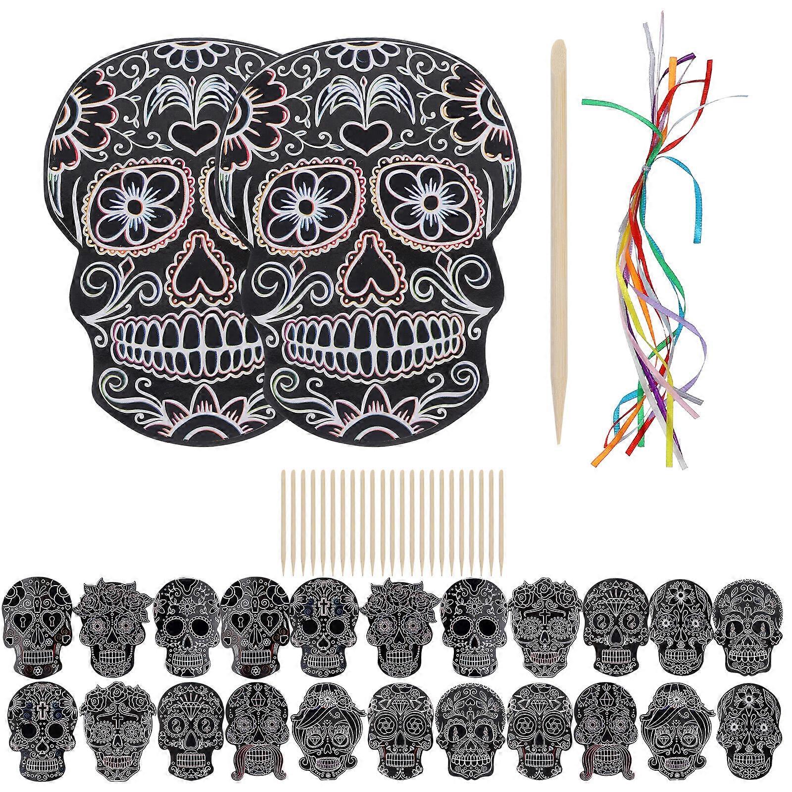 24pcs Day of the Dead Scratch Paper with 24 Pens and 24 Ribbons Art Ornament
