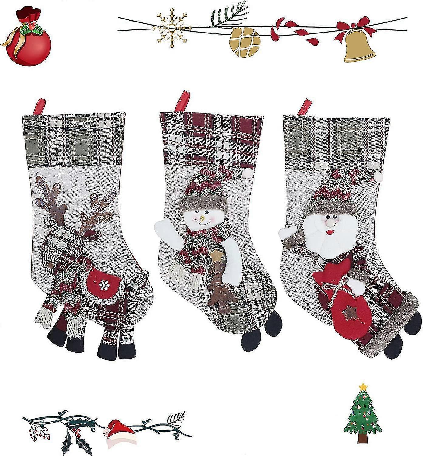 جوارب عيد الميلاد، 3 حزمة 18 بوصة جوارب عيد الميلاد، زينة عيد الميلاد، جوارب عيد الميلاد شخصية مع نمط 3D سانتا كلوز، رجل الثلج، الرايندي