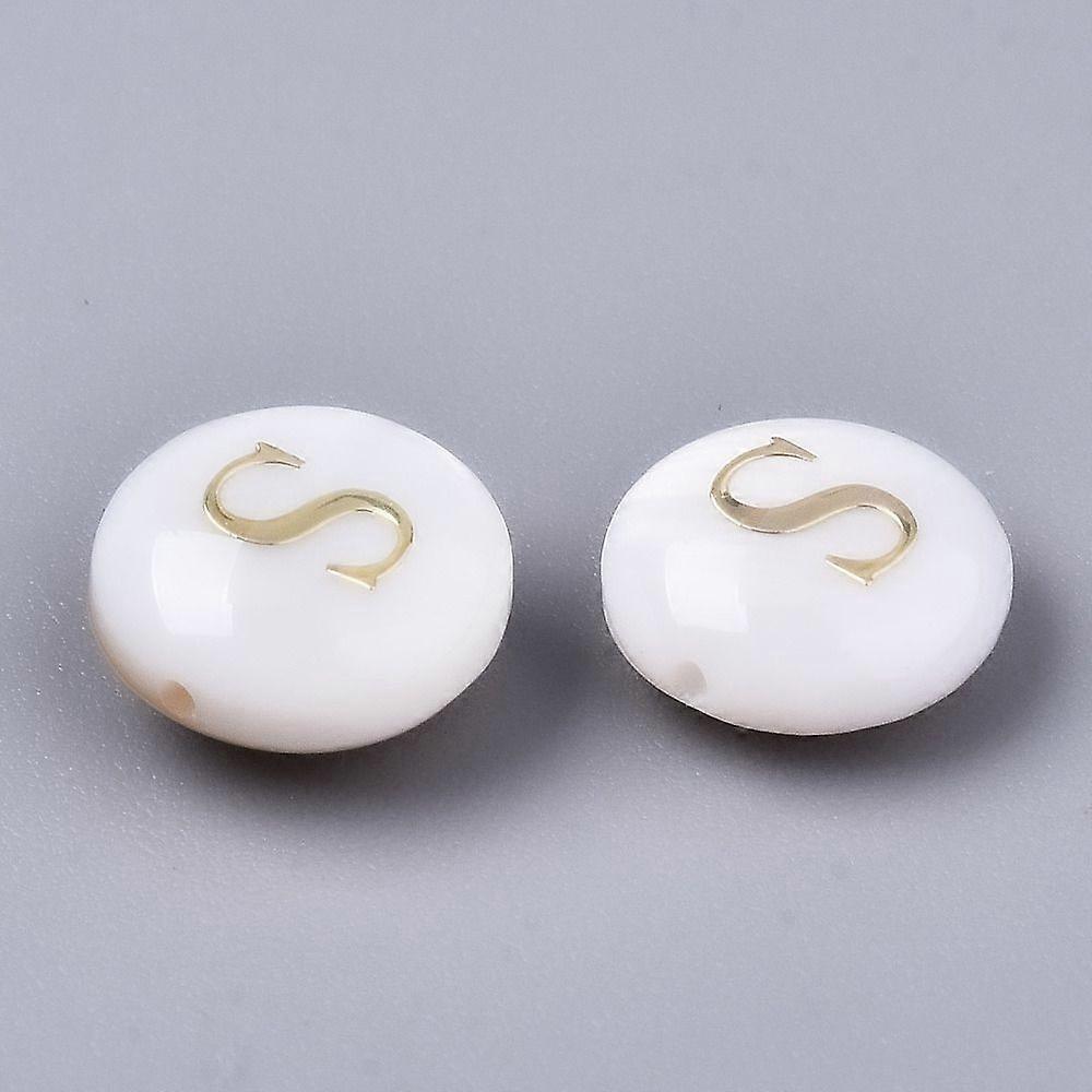Natural Freshwater Shell Beads with Golden Plated Brass Etched Metal Embellishments Flat Round Seashell Color Letter.S 8x3~5mm Hole: 0.5~07mm