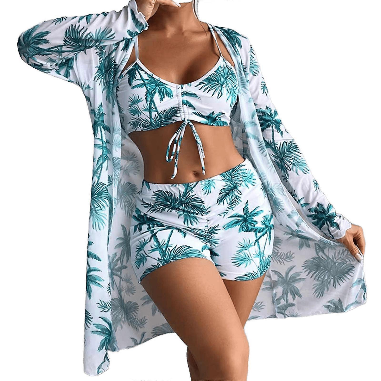 Women Swimsuit with Beach Cardigans Coverup Fashion Print Bathing Suit with Drawstring Swim Top and High Waist Boyshorts Pattern 20 XL