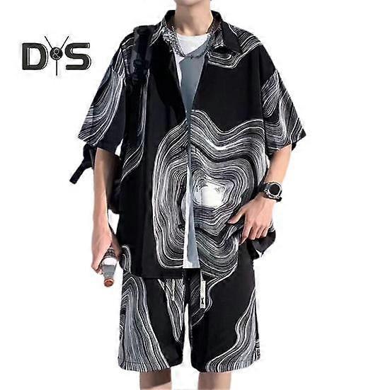 2Pcs/Set Men Summer Casual Outfit Lapel Short Sleeve Single Breasted Shirt Elastic Drawstring Waist Wide Leg Shorts Set Tie Dye Print Outfit