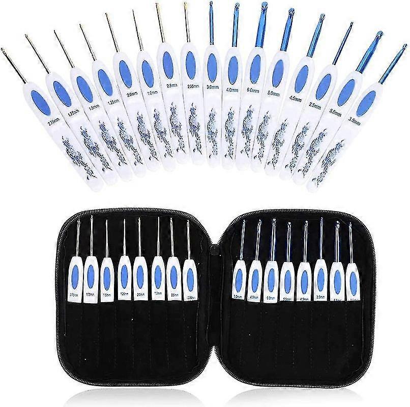 Virkade krokar set 16PCS med bärbart fodral för DIY handstickning konst för älskare (blå)