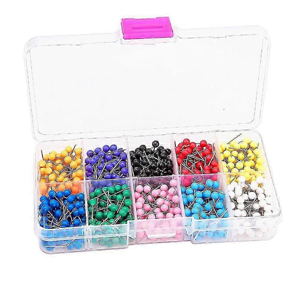 500 Push Pins with Round Plastic Heads & Steel Needles, 10 Color Map Tacks for Bulletin Board Office