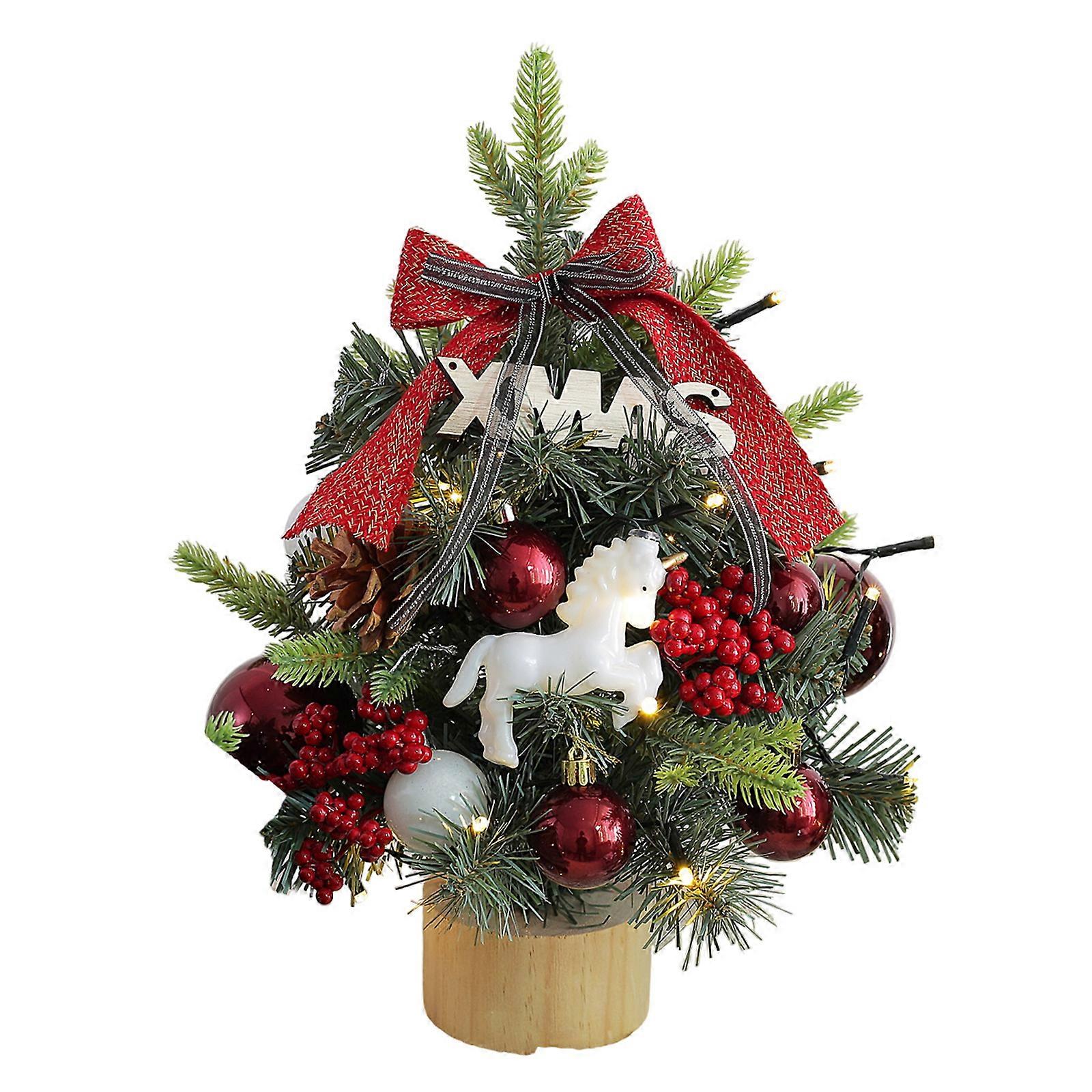 Miniature Christmas Tree with LED Lights and Ornament Realistic Pine Tree Decorative Tabletop Decoration for Home Office Red