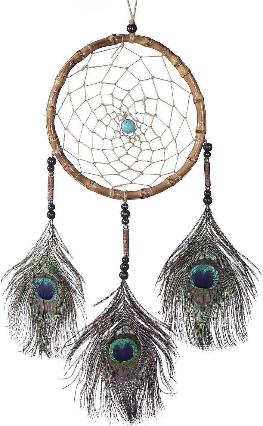 Large Dreamcatcher with Beads and Real Feathers Hazelnut Brown -  18 cm