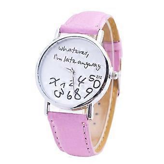 Vrouwen Wat Im Late Anyways Letter Ronde Wijzerplaat Faux Band Quartz Horloge Roze