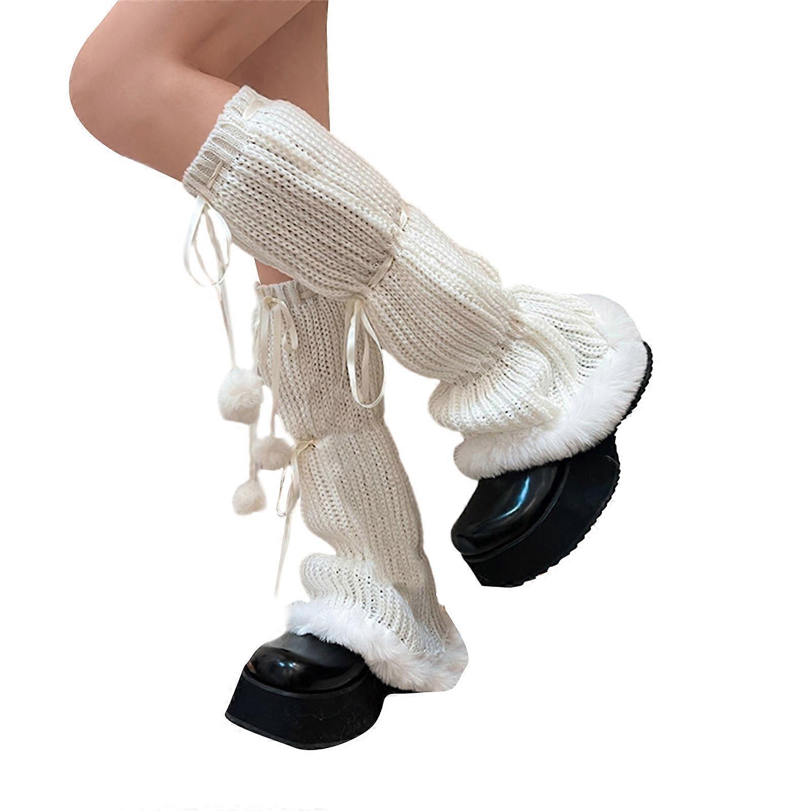 Lolitas Beinstulpen Y2K Gestrickte Beinmanschetten Goth Baggy Cuffs Knöchel Heap Socken JK Uniform Fußabdeckung Plüsch Rüschenbein Socken Weiß