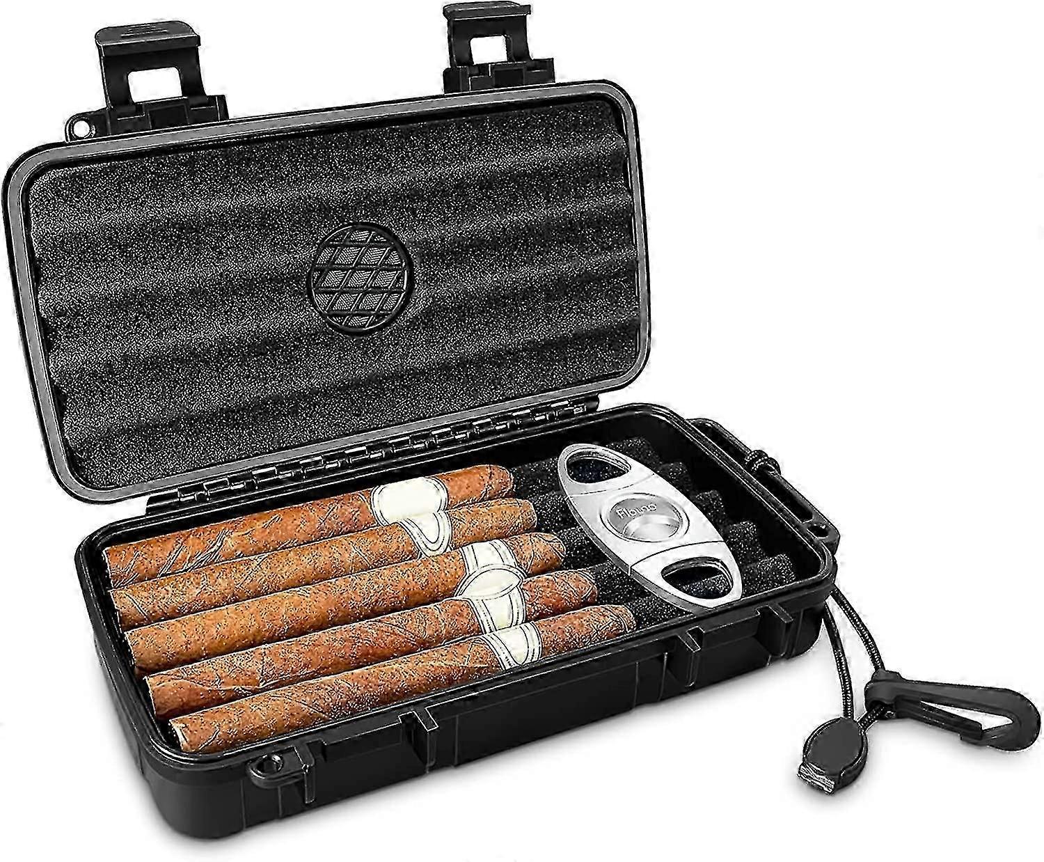 Reise-Zigarrenbox - Tragbare Zigarrenbox mit Humidor-Tablett und Zigarrenmesser - Wasserdicht - Luftdicht - Langlebig (bis zu 5 Zigarren)