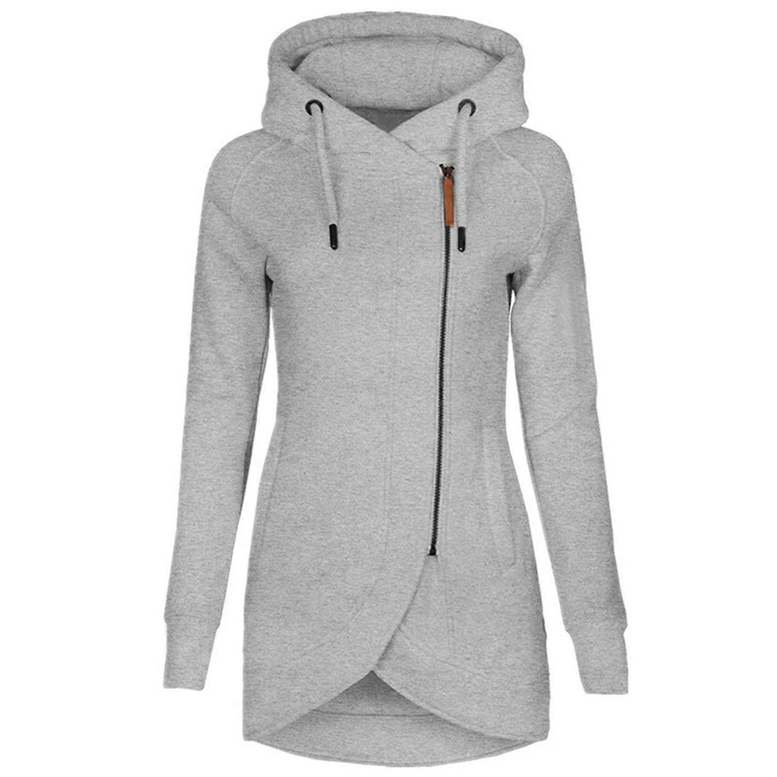 Women Winter Fall Oblique Zipper Up Drawstring Hoodie Jacket Solid Color Oversized Loose Sweatshirt Coat with Pockets light grey XL