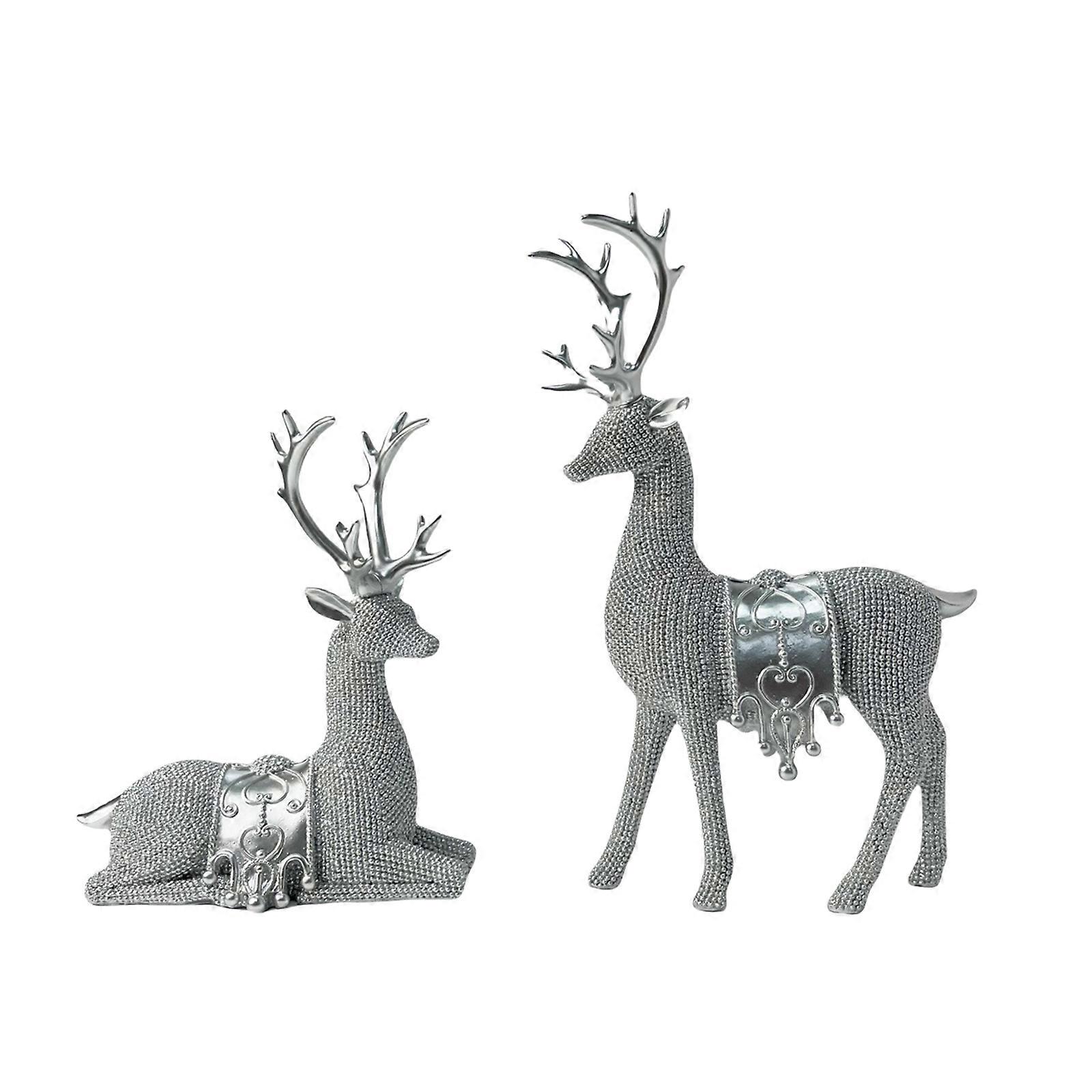 Christmas Reindeer Figurine 2Pieces Set Resins Deer Elk Miniature Sculpture for Festival Home Tabletop Shelf Display Silver