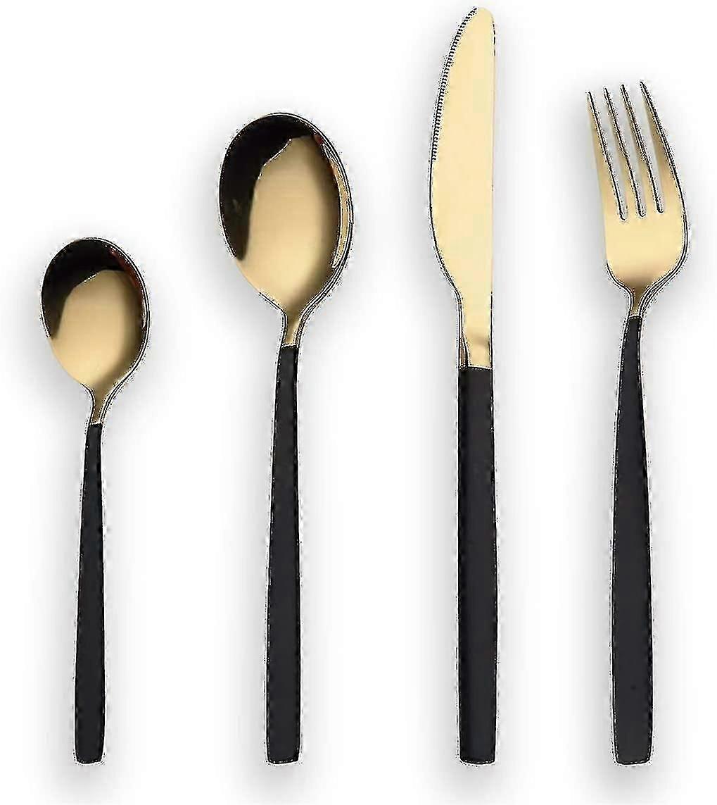 24 Piece Titanium Black And Golden Plated Stainless Steel Silverware Set,black Handle With Golden Mouth Flatware Set Black And Golden Cutlery Set Serv