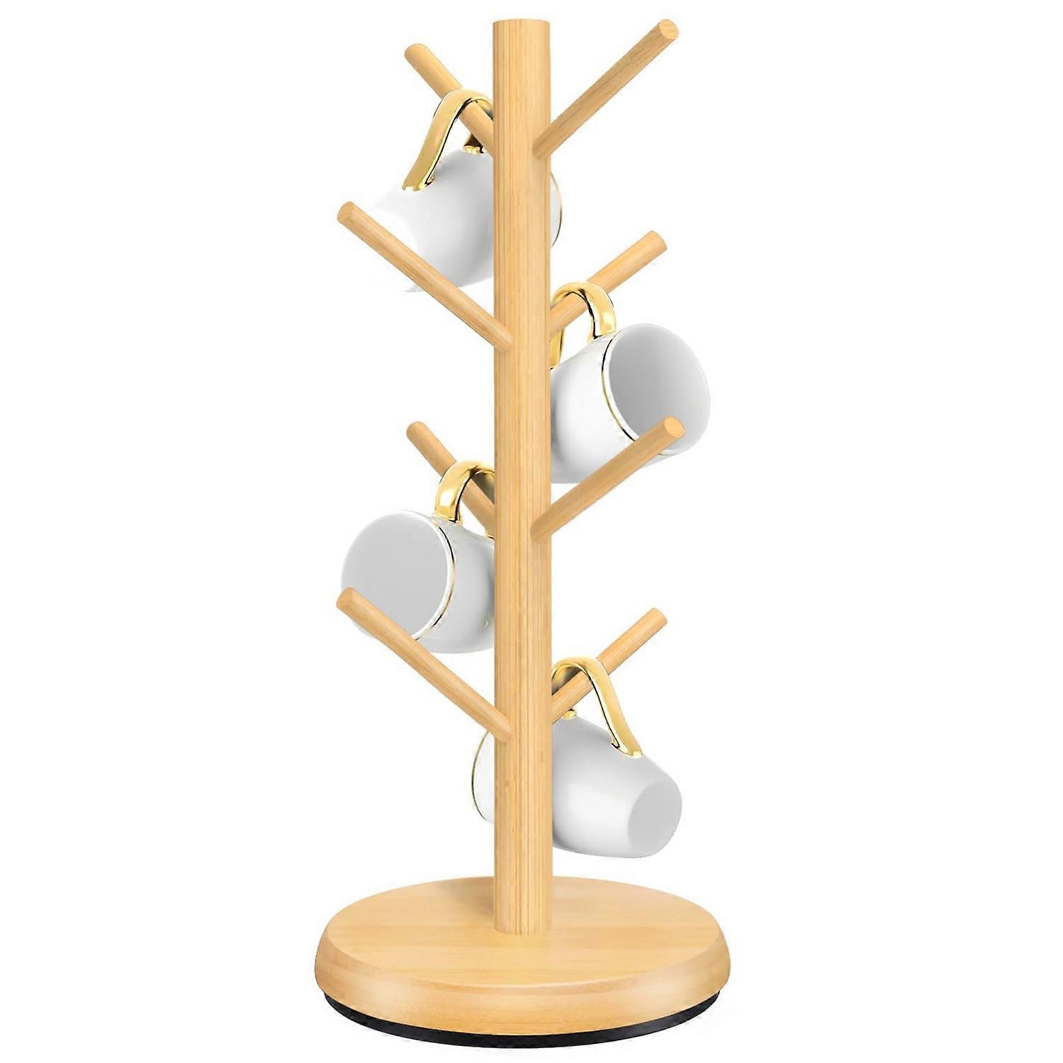 Wooden Coffee Mug Tree Shape Holder 360 Degree Rotating 8 Hooks Cup Organizer Display Stand