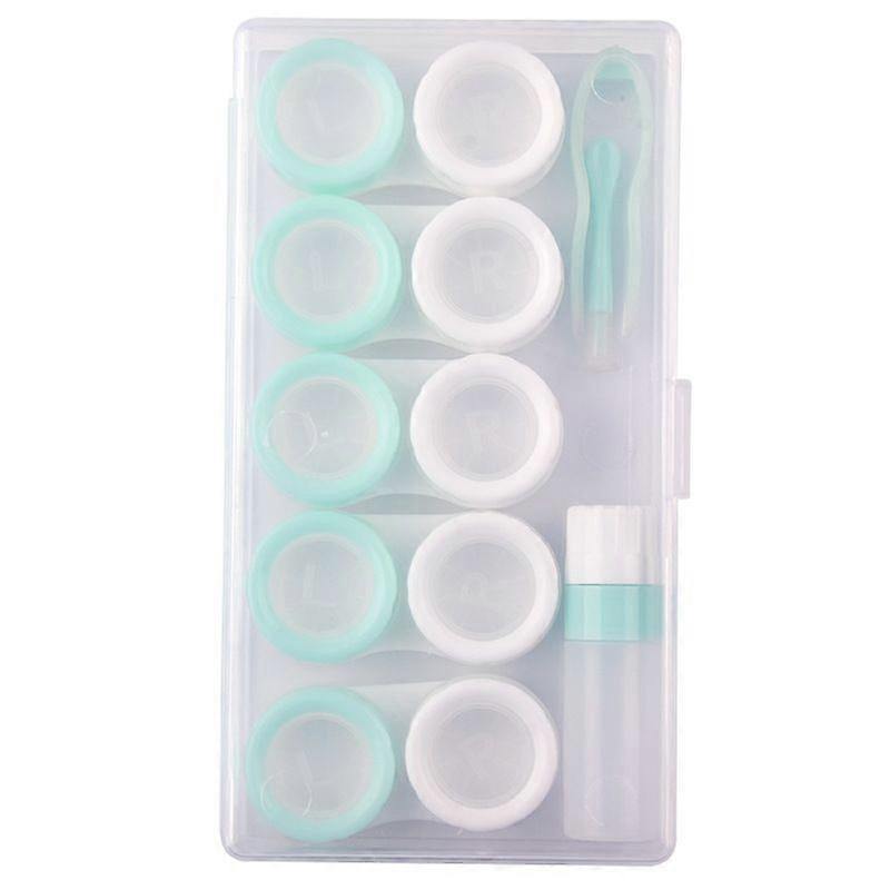5 Pairs Contact Lens Cases Holder BoxSoaking Storage Case Container with L and R Caps Caps, Soak Storage Bottle, Removers, Tweezers, Green-White