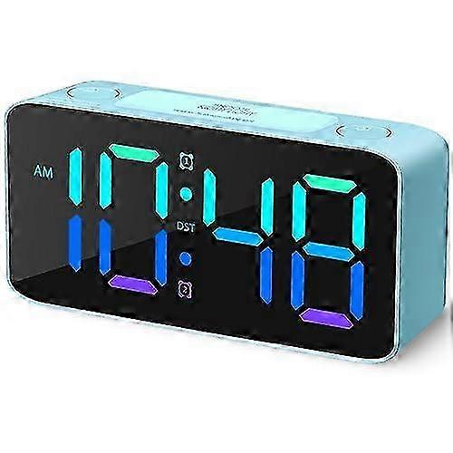 超大音量の目覚まし時計RGBデジタル時計、7色常夜灯、調節可能な音量、USB充電器、小さな時計--青