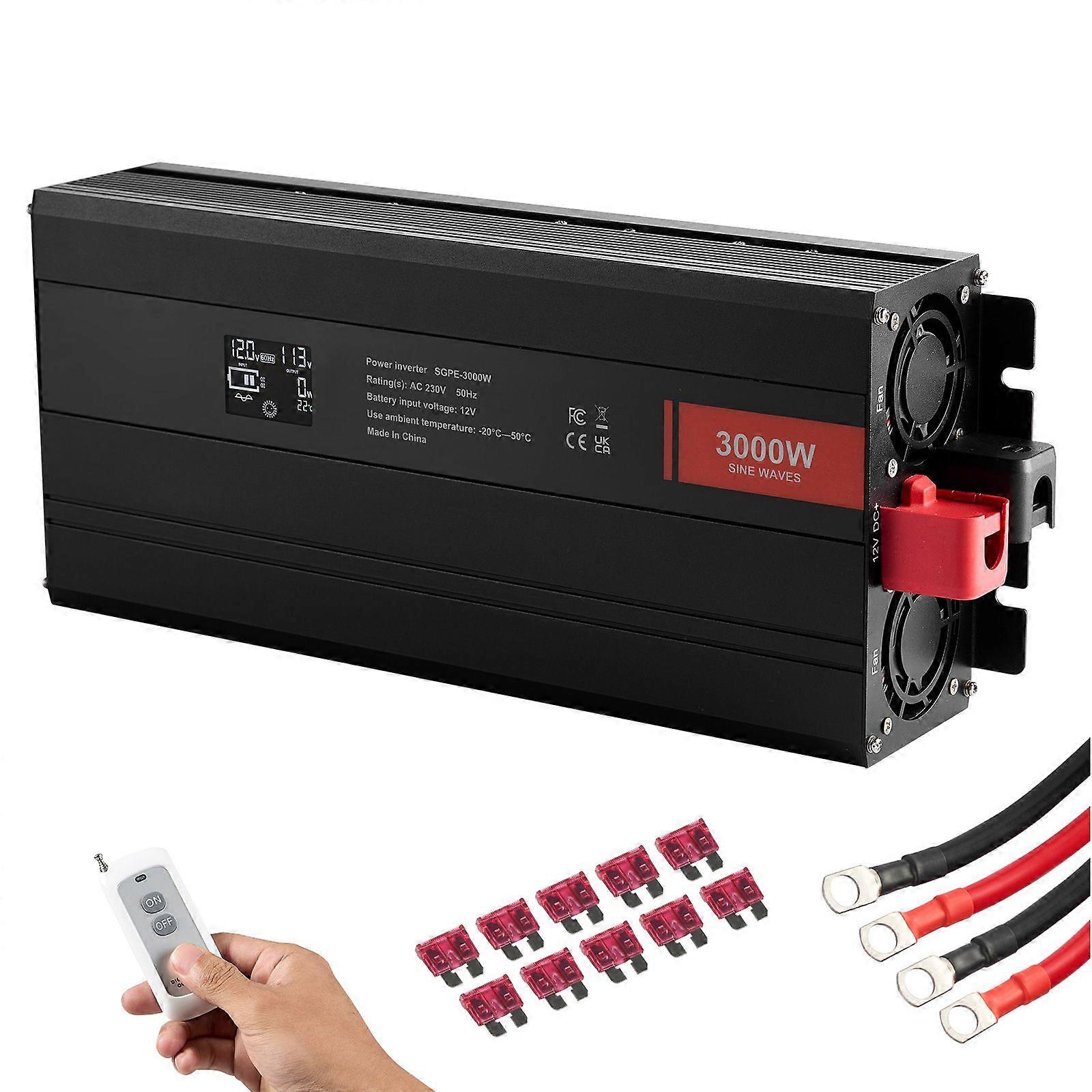 Μετατροπέας Pure Sine Wave, 3000 Watt, DC 12V σε AC 230V Power Inverter με 2 πρίζες AC 2 θύρες USB 1 θύρα Type-C, οθόνη LCD