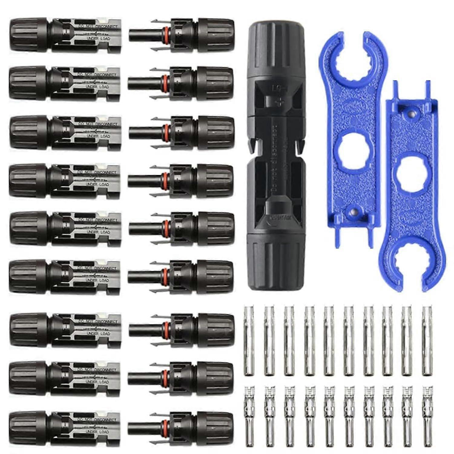 10 Pairs Solar Connectors with 2 Tools, Solar Male/Female Plug IP67 Waterproof, PV Connector Compatible with 6mm-4mm Solar Cable