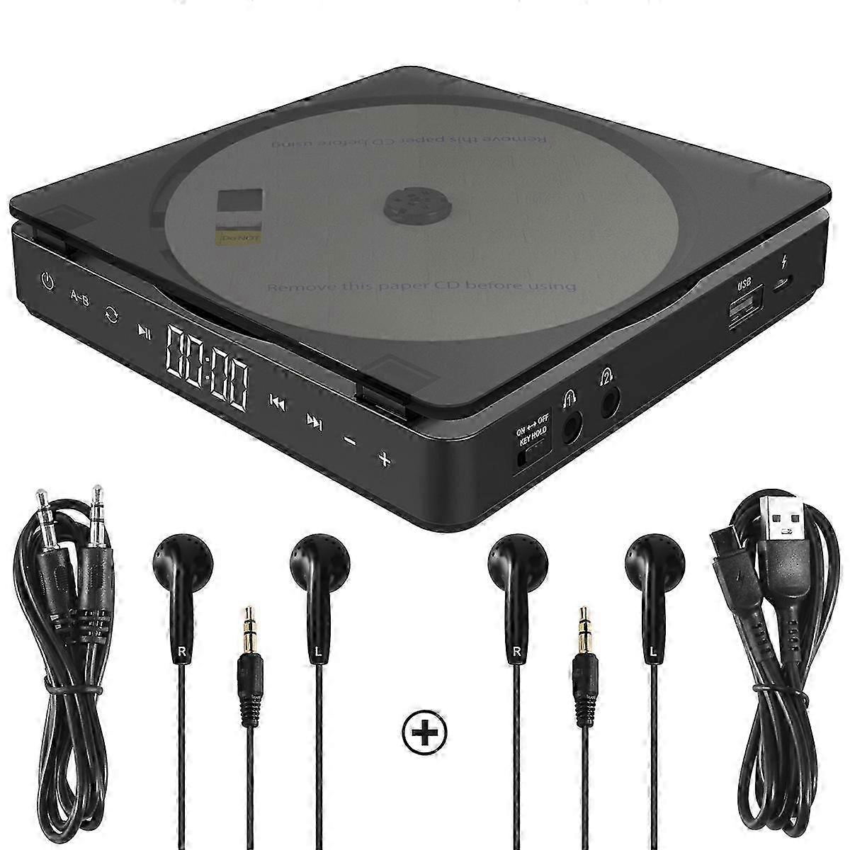Compact Sports Portable CD Player Touch Button Rechargable Disc Player Reproductor CD Double Headphones CDBlack SZRH A-V
