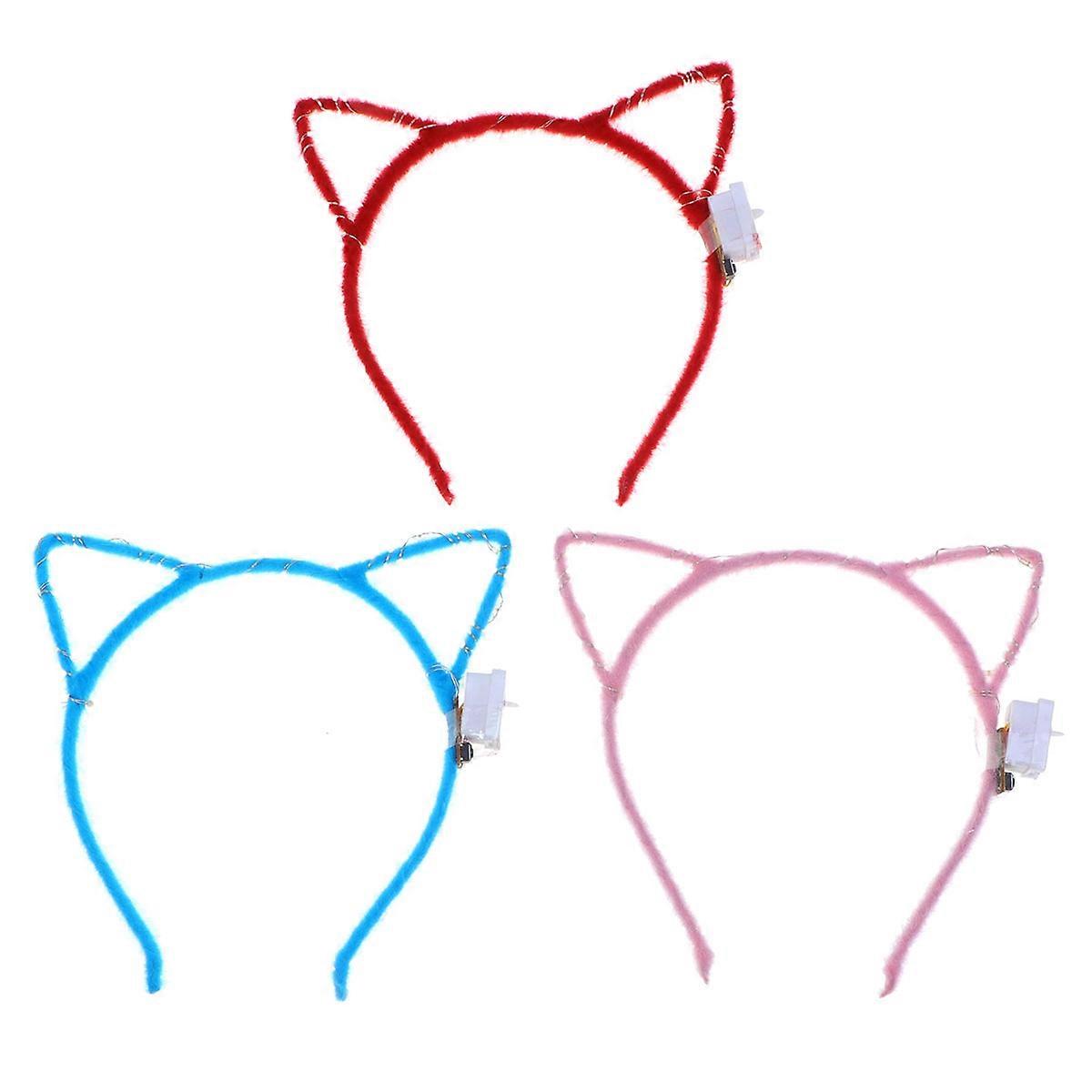 Adult Cat Ears Halloween Party Headwear Bright Silky 10 Led Glowing Assorted Color 3Pack