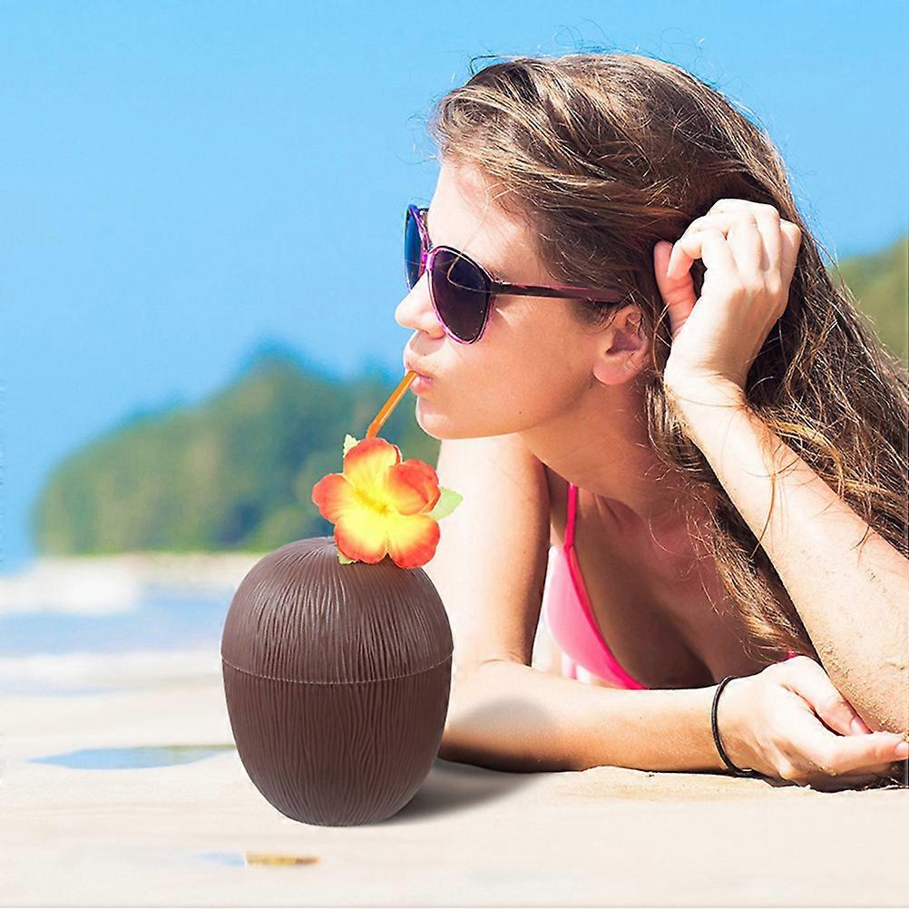 12 tasses en noix de coco avec des pailles de fleur d’hibiscus pour la fête des enfants hawaïens Luau