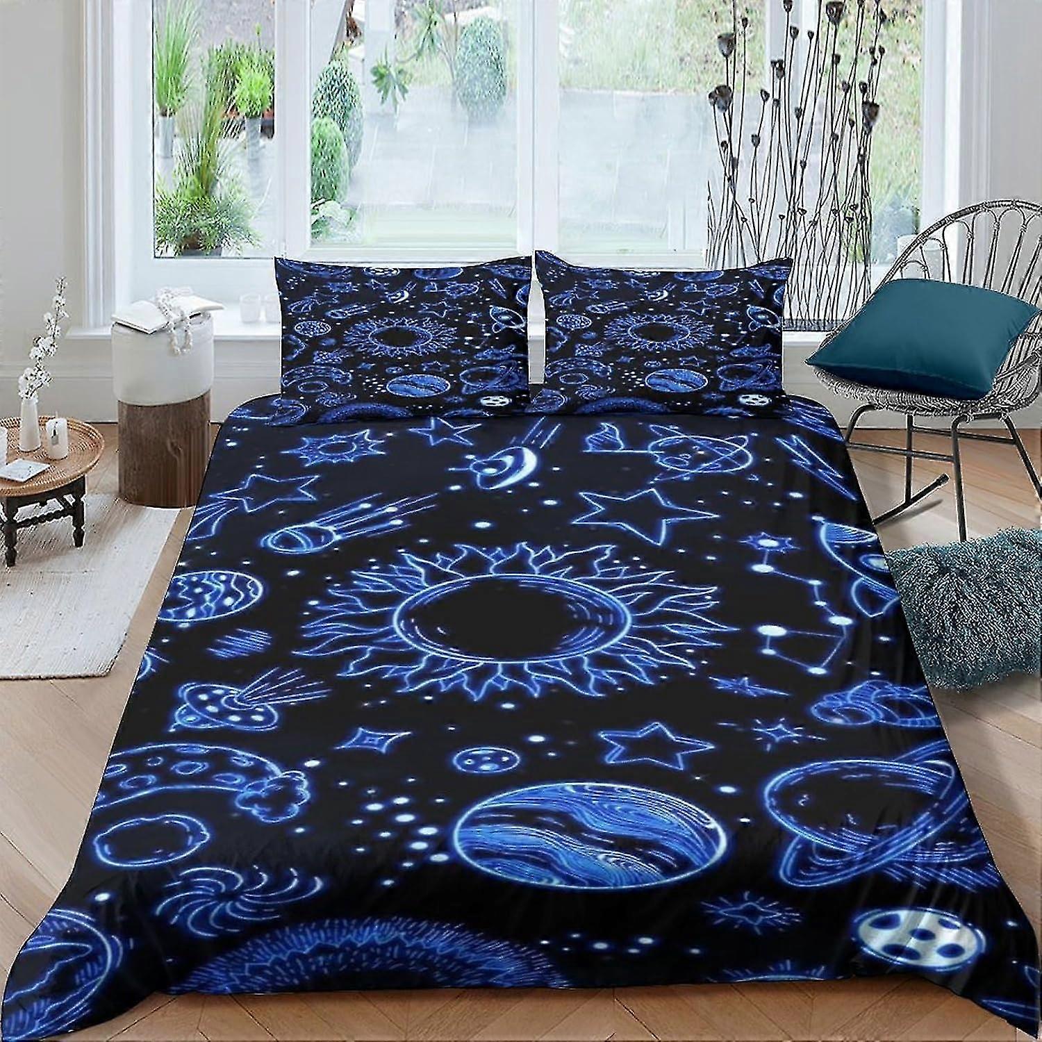 3D Printed Space Pattern Bedding Set for Kids and Adults, Neon Duvet Cover with Pillowcases, Microfiber Cover with Zipper Closure