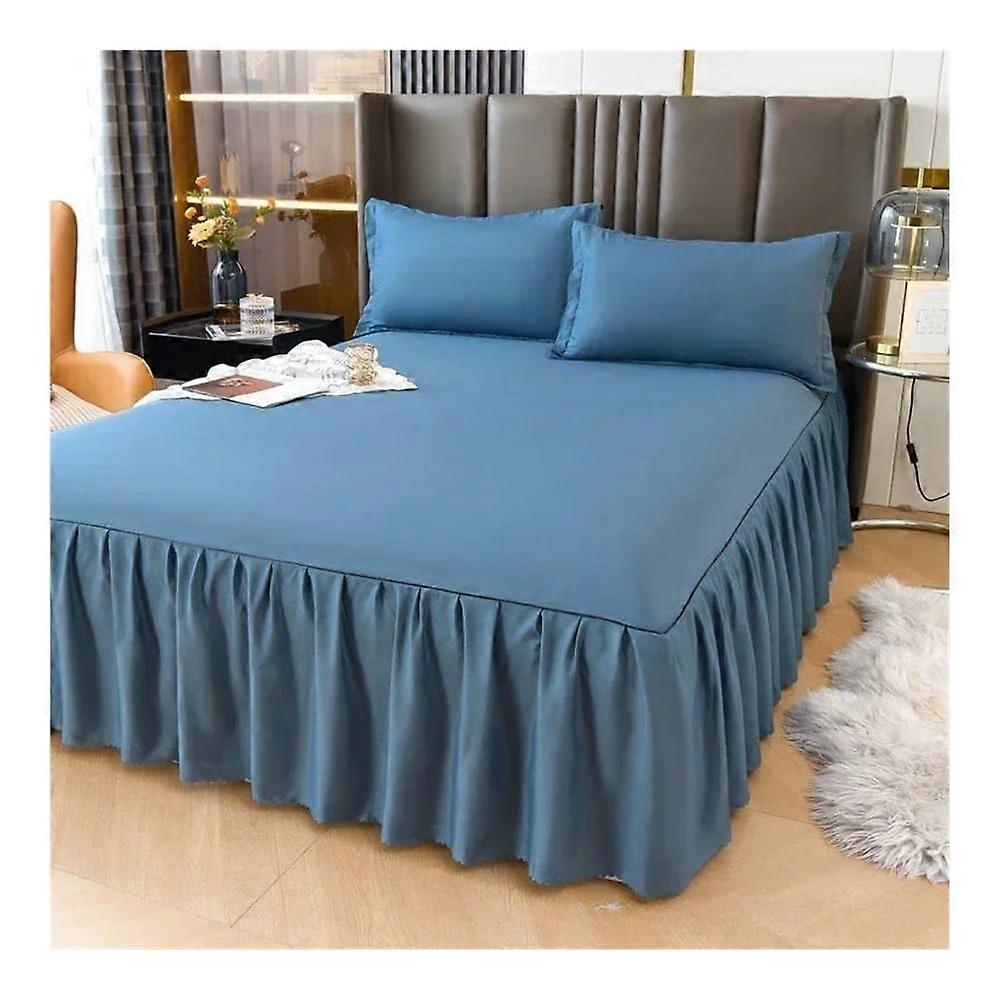 solidcolor bed skirt with lace, fitted sheet with ruffles, Queen/King (Blue)