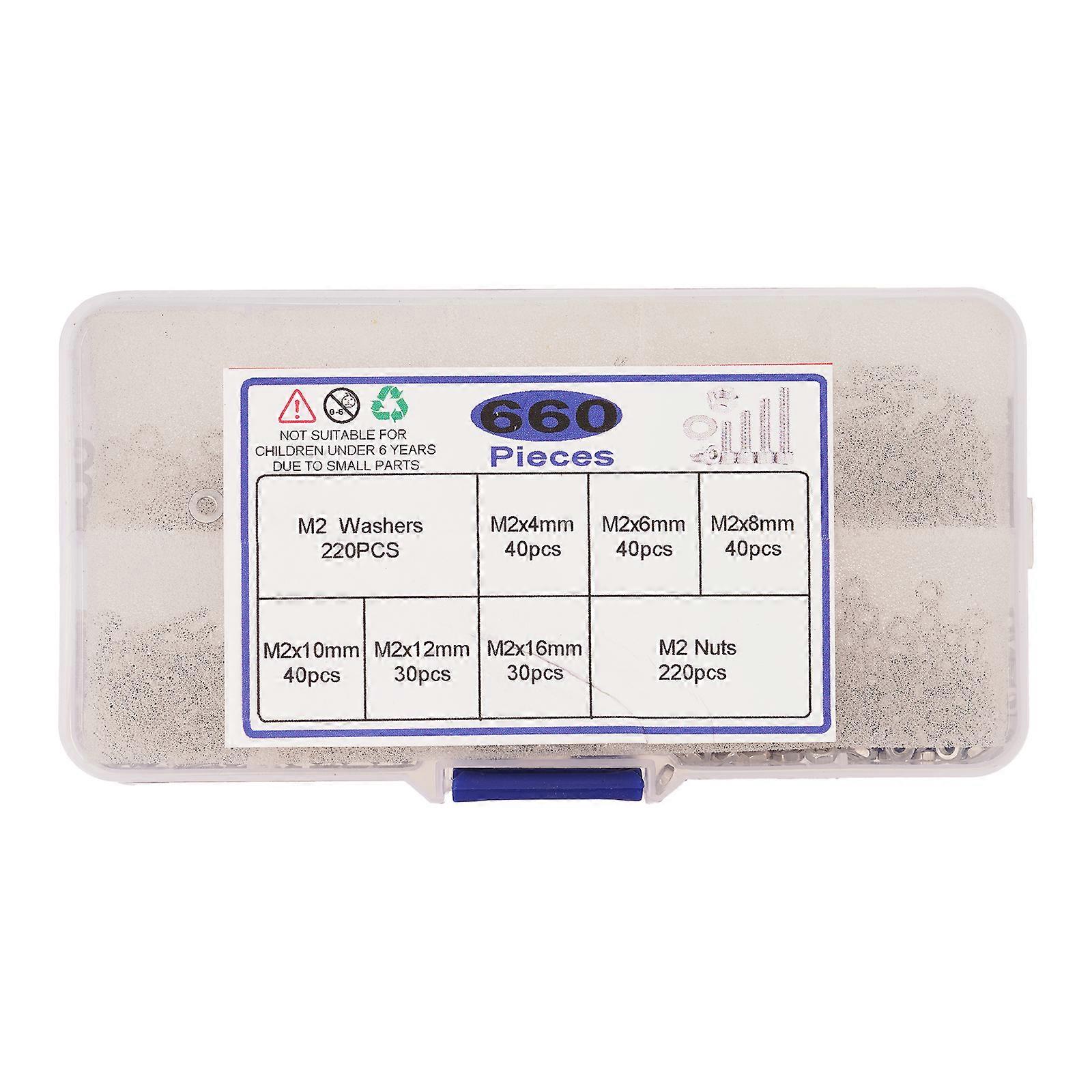 2mm Screws Nut & Washers Assortment with Storage Essential 660pcs Steel Screw & Washer Set for DIY Hardware Projects Multicolor