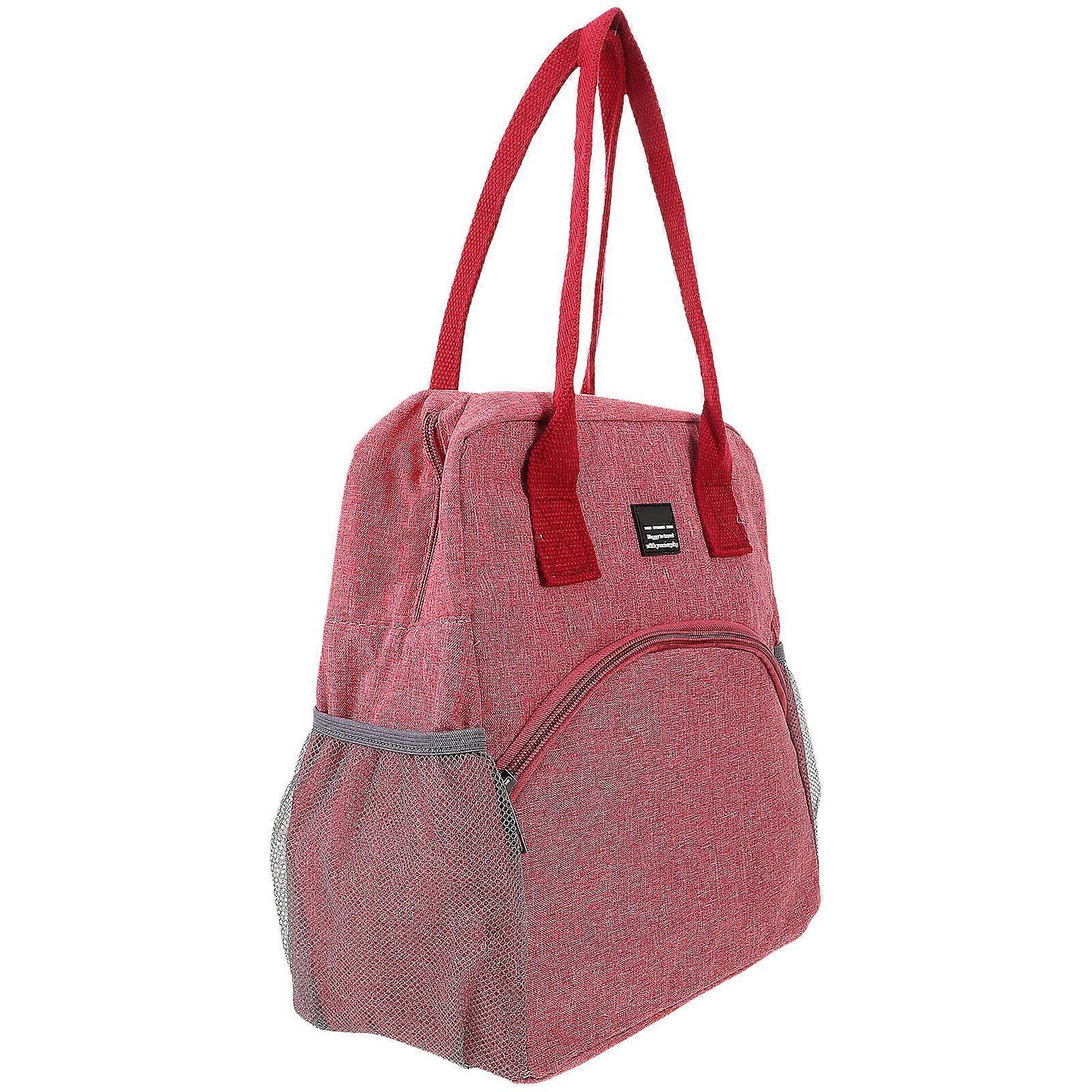 Portable Bento Bag Lunch Box Bag Rosy Rectangular Functional Front Pocket Heat Preservation 1Set