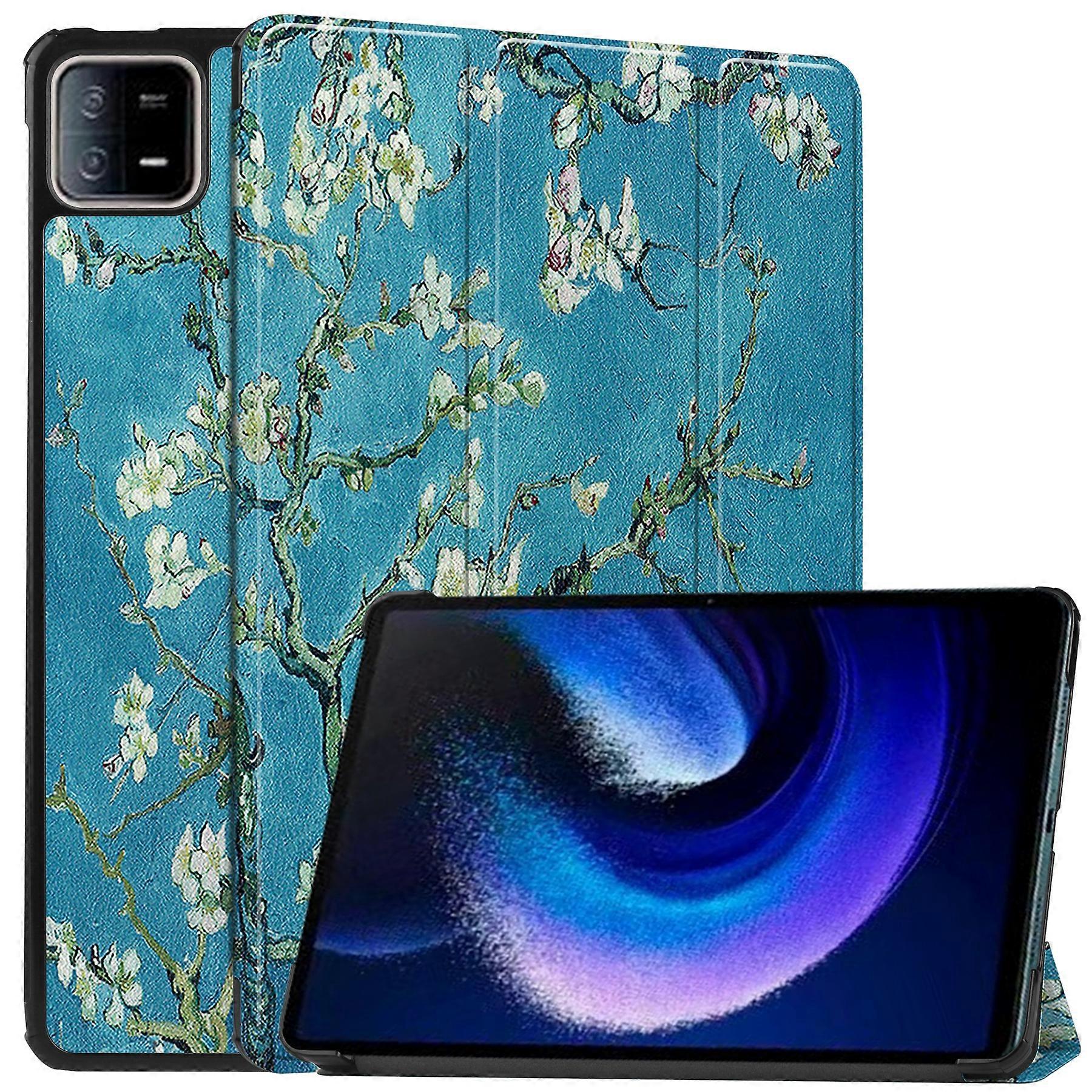 TKdaddy ل Xiaomi Pad 6 Pad 6 Pro PU جلد ثلاثي الطيات حامل حامل قرص نمط طباعة تلقائي للاستيقاظ غطاء النوم زهر المشمش