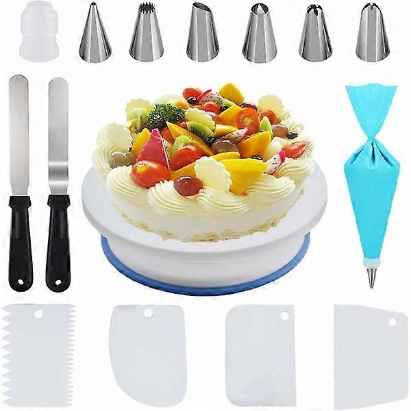 15 Rotating Cake Trays, 1 Rotating Skateboard Tray 28 cm/11 inch, 2 Spoons, 4 Scrapers, 6 Beans, 1 Pocket