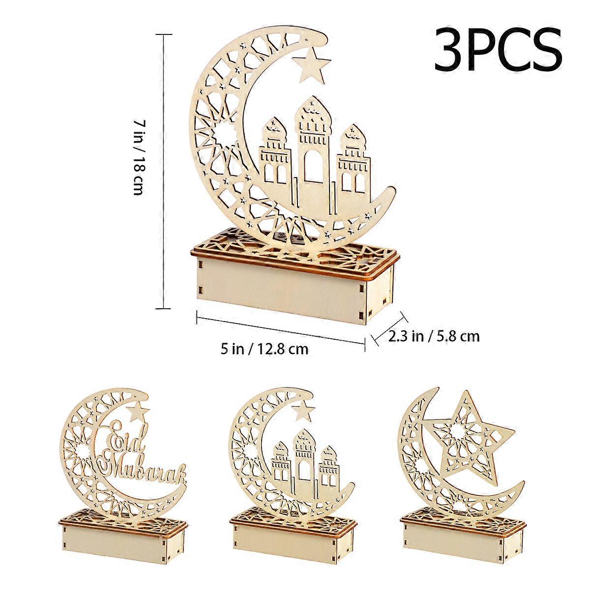 Eid Mubarak Tabletop Decorations Mobestech Wooden Diy Led Accessory Hollow Design Palace Shape Illumination For Living Room 3Pcs