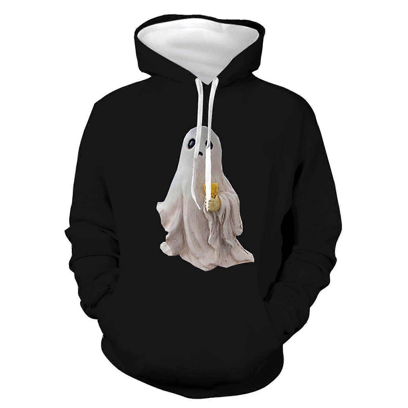 Halloween Costume Men's Hoodie 3D Ghost Print Sweatshirt with Pocket Drawstring Long Sleeves Y2K Style Size M Gray