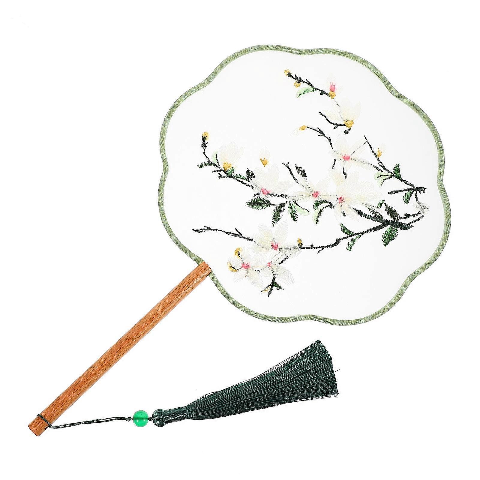 Here's a polished and professional product description based on your input:
**Double Sided Embroidered Silk Circular Fan with Chinese Tassel –