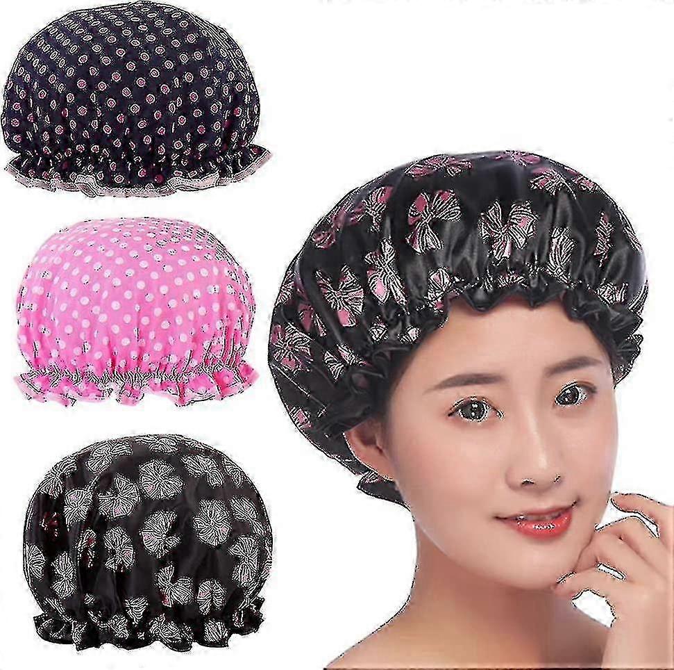 Waterproof Double-Layer Bath Caps with Elastic for Adults - 3 Pack