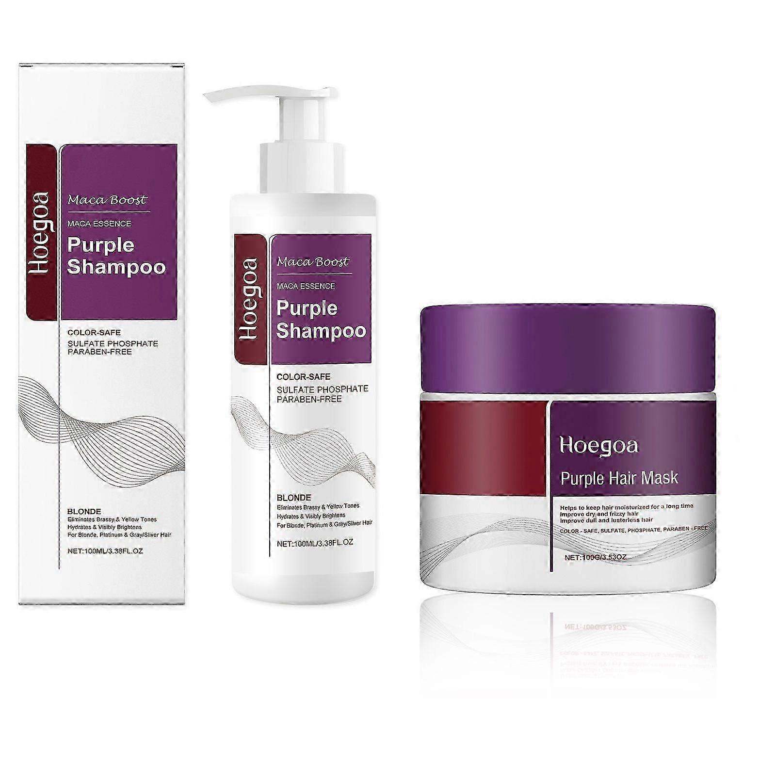 Conjunto de Máscara de Cabelo Roxo Maca e Conjunto de Shampoo Roxo, Shampoo Roxo Maca Essence, Neutraliza Tons de Latão e Amarelo para Cabelos Loiros Cinza Prateado com Destaque