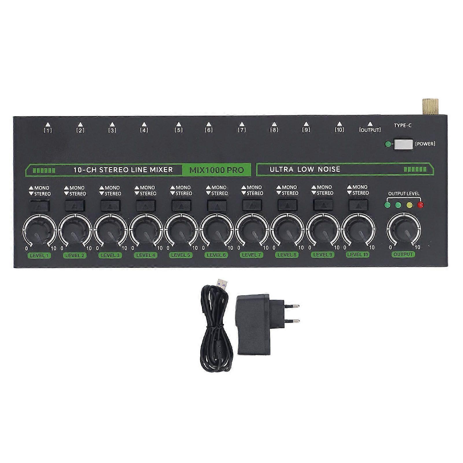 10 Channel Mixer with RGB Light Low Noise Stereo Mono Switching Line Audible Mixer 1/4 TRS TS for Stage Recording Studio EU Plug
