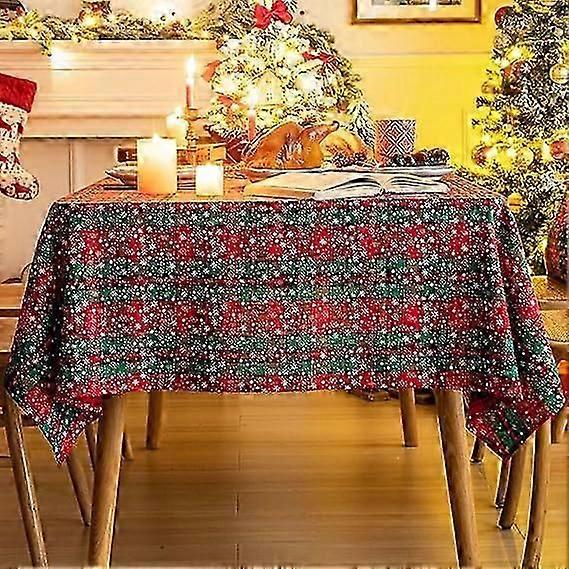 Red Green Plaid Snowflake Christmas Tablecloth, Tartan Table Cloth Decorations, Winter Holiday Tablecloths for Parties Dining Farmhouse 90*90CM