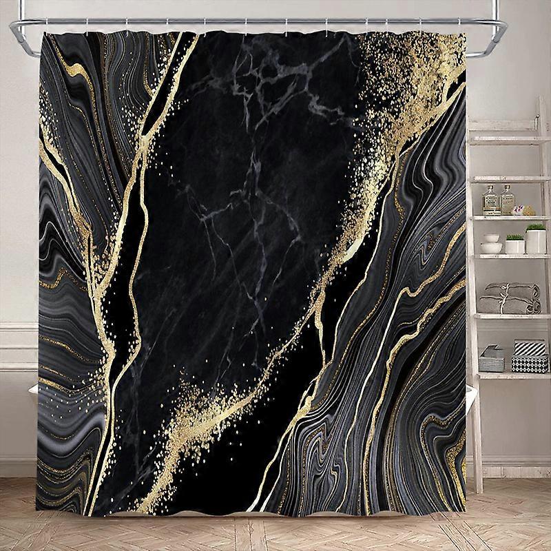 Abstract Marble Shower Curtains Black Green Textured Gold Crackle Modern Geometric Pattern Bathroom Curtain Decor Set with Hoo