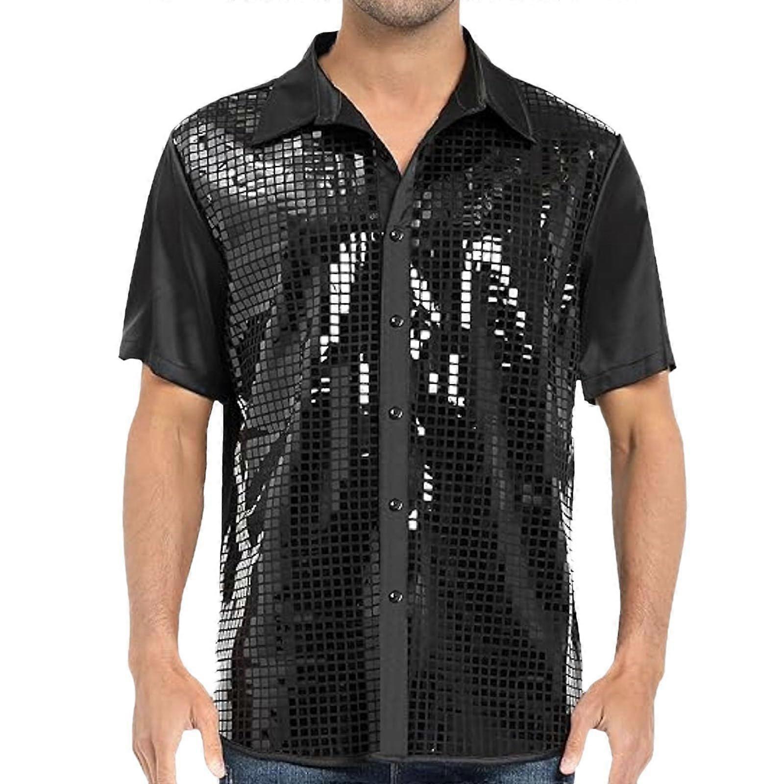 Shiny Metallic Shirts for Men Short Sleeve Disco Party Tops Lightweight Cotton Glitter Shirt Black Size M